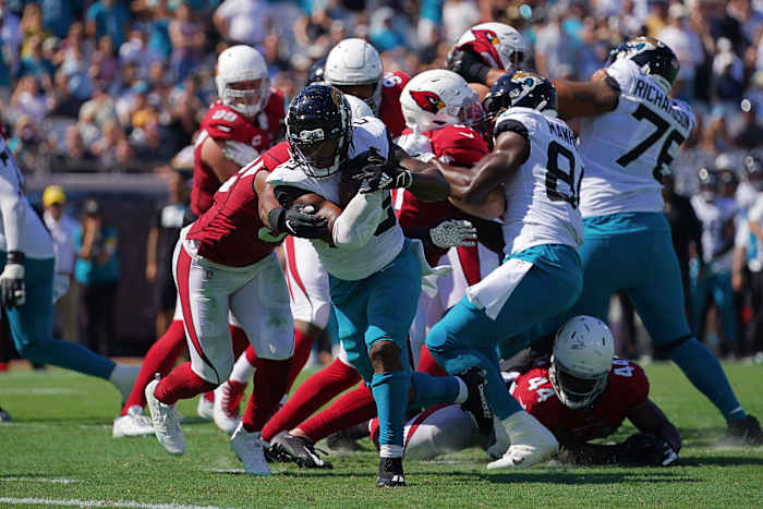 Jacksonville Jaguars running back James Robinson (25) runs for a touchdown during the second half against the Arizona Cardinals at TIAA Bank Field. Mandatory Credit: Jasen Vinlove-USA TODAY Sports